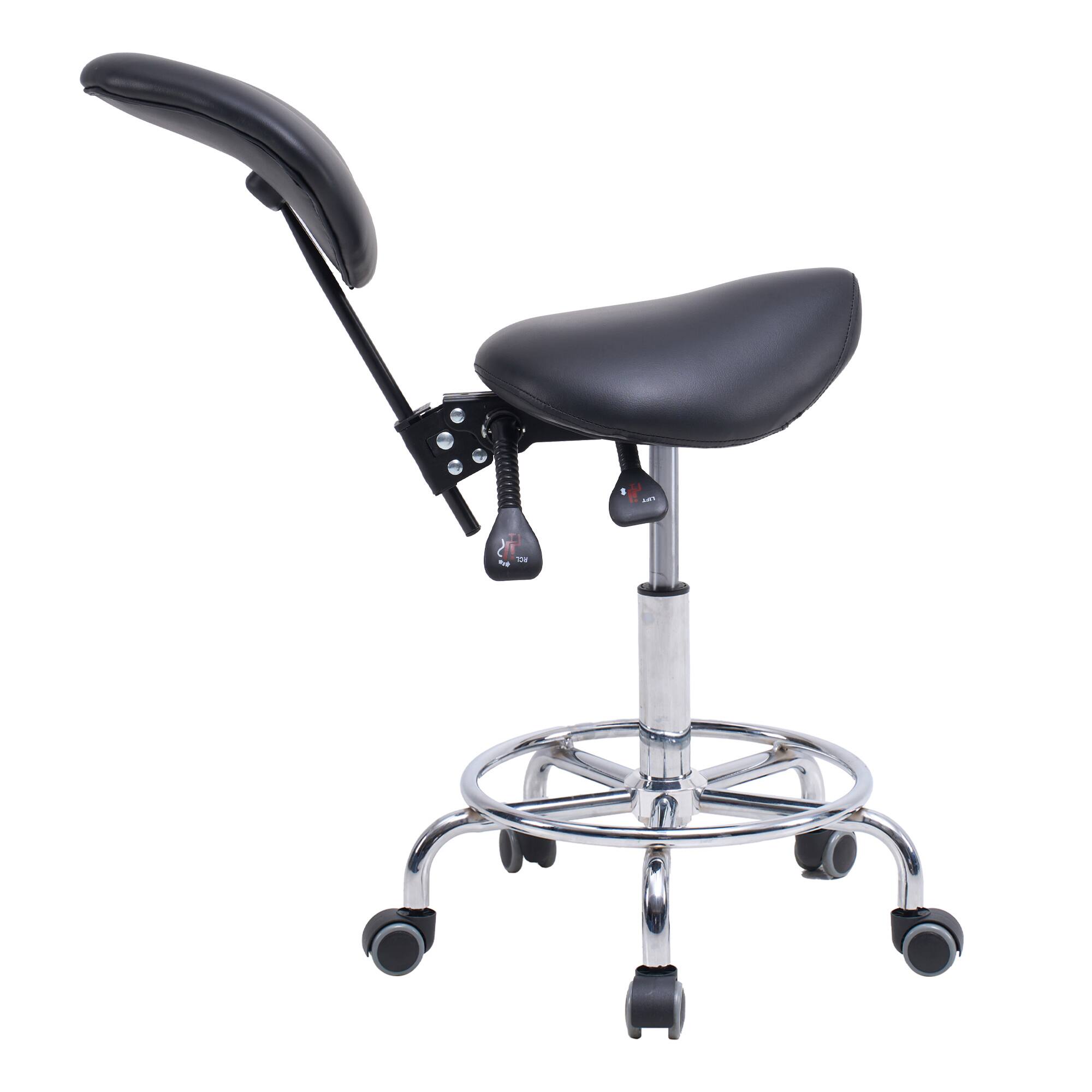 Angle. Spaco - Spaco Saddle Stool Chair with Ergonomic, Swivel, Hydraulic Tilt, Backrest, Wheels and Footrest, for Medical, Dental - Black.