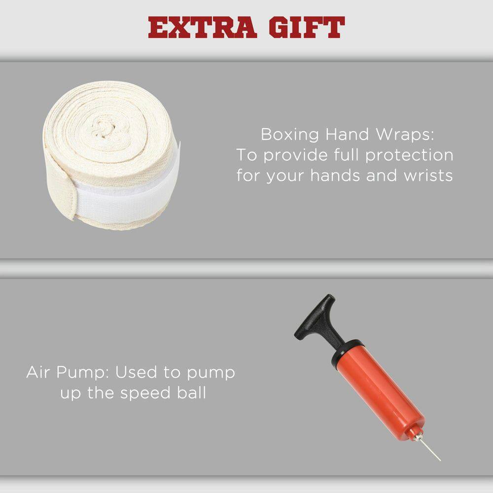 **EXTRA GIFT**

- **Boxing Hand Wraps:** To provide full protection for your hands and wrists

- **Air Pump:** Used to pump up the speed ball