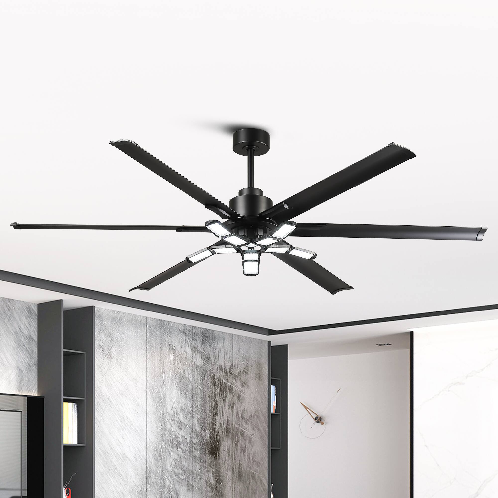 Front. Parrot Uncle - 84''Black Industrial HVLS Large Ceiling Fan with Foldable LED and Remote Control - Black.