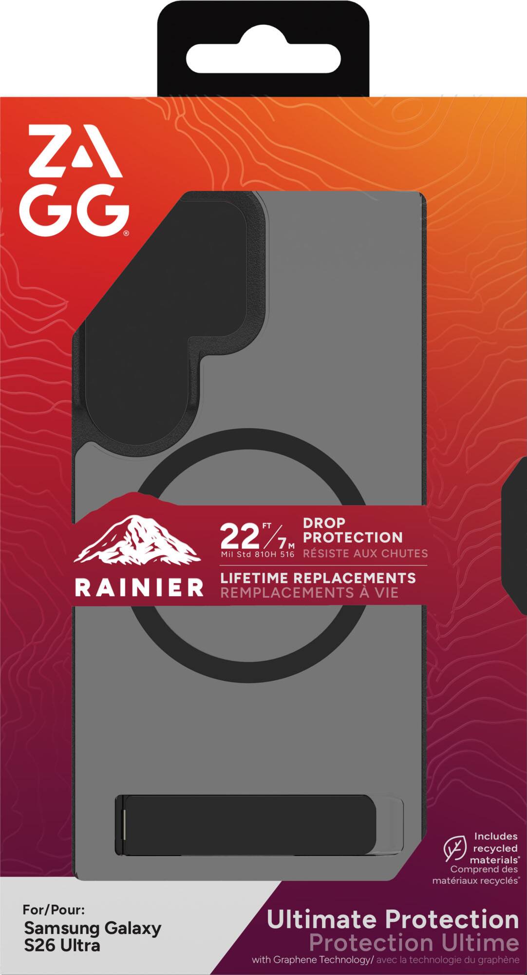 ZAGG FT DROP 22 FT / 7M PROTECTION Mil Std 810H 516 RESISTE AUX CHUTES LIFETIME REPLACEMENTS RAINIER REMPLACEMENTS À VIE Includes recycled materials Comprend des matériaux recyclés For/Pour: Samsung Galaxy S26 Ultra Ultimate Protection Protection Ultime with Graphene Technology/ avec la technologie du graphene