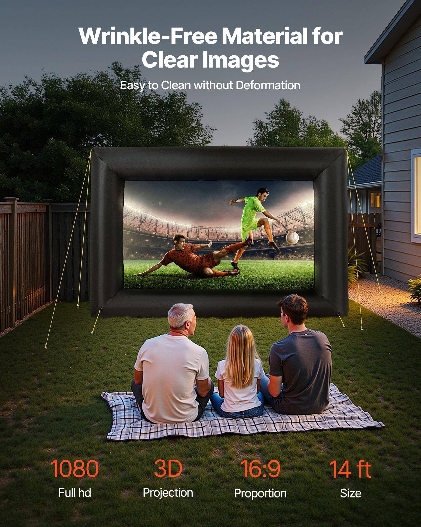 Wrinkle-Free Material for Clear Images  
Easy to Clean without Deformation  

1080 Full HD  
3D Projection  
16:9 Proportion  
14 ft Size