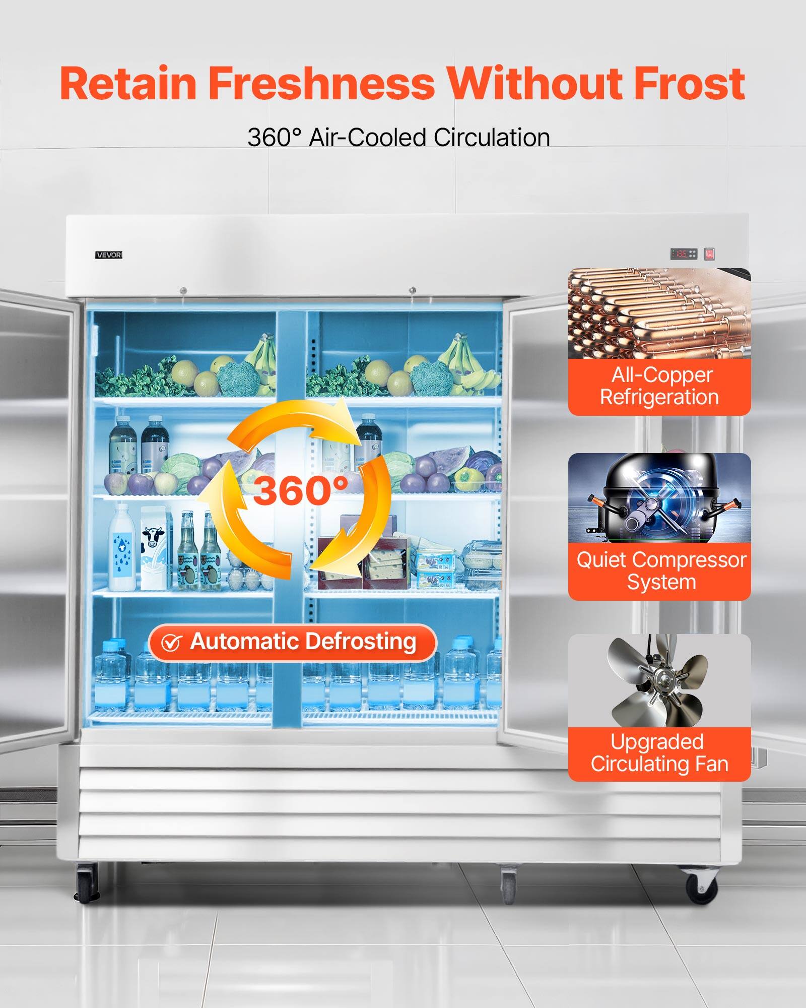 Retain Freshness Without Frost  
360° Air-Cooled Circulation  
VEVOO 1  
All-Copper Refrigeration  
360° Quiet Compressor System  
Automatic Defrosting  
Upgraded Circulating Fan