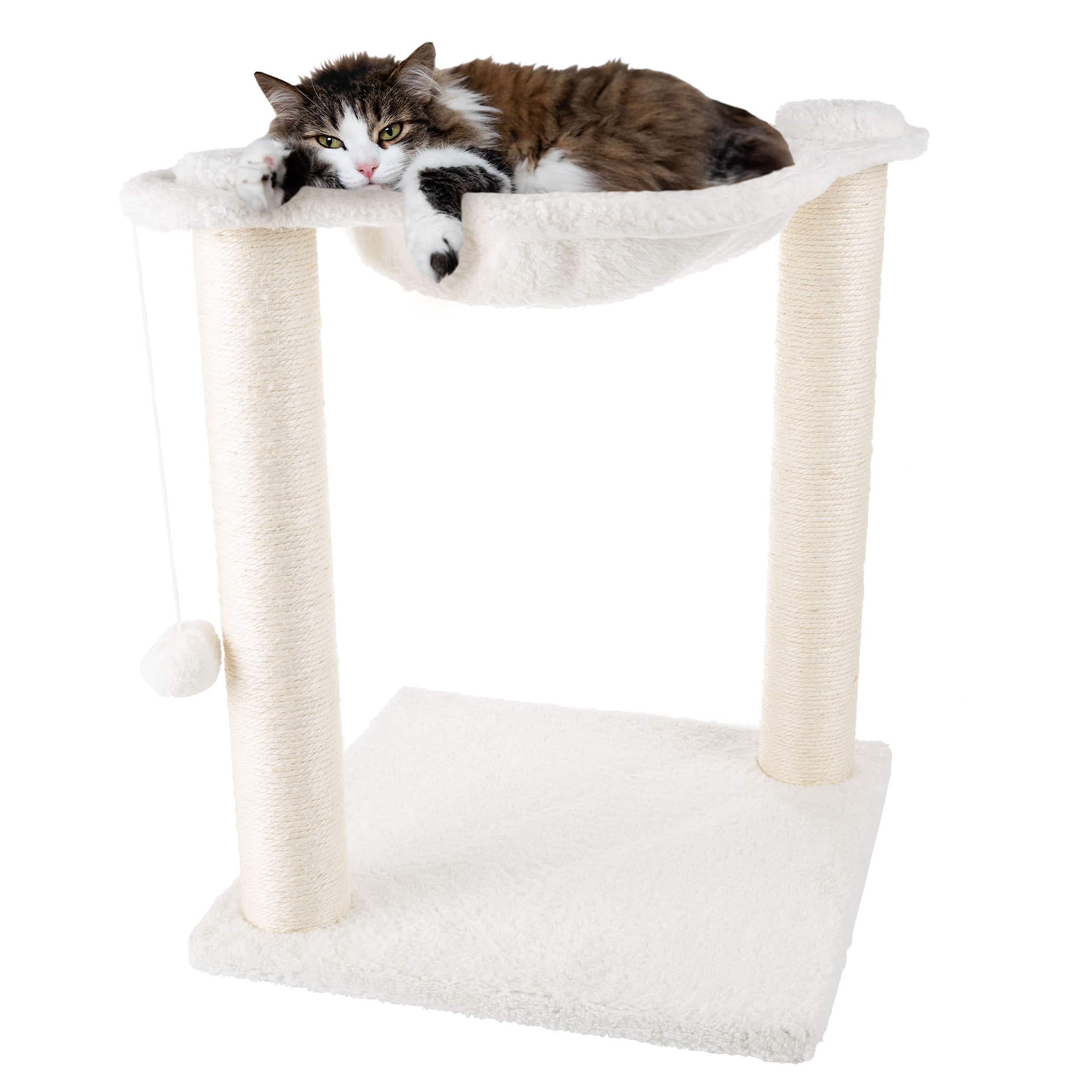 PetMaker - Cat Hammock with Scratching Posts for Cats 19-Inch-Tall Cat Tree with Hanging Ball Toy for Adult Cats and Kittens - White