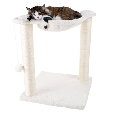Front. PetMaker - Cat Hammock with Scratching Posts for Cats 19-Inch-Tall Cat Tree with Hanging Ball Toy for Adult Cats and Kittens - White.