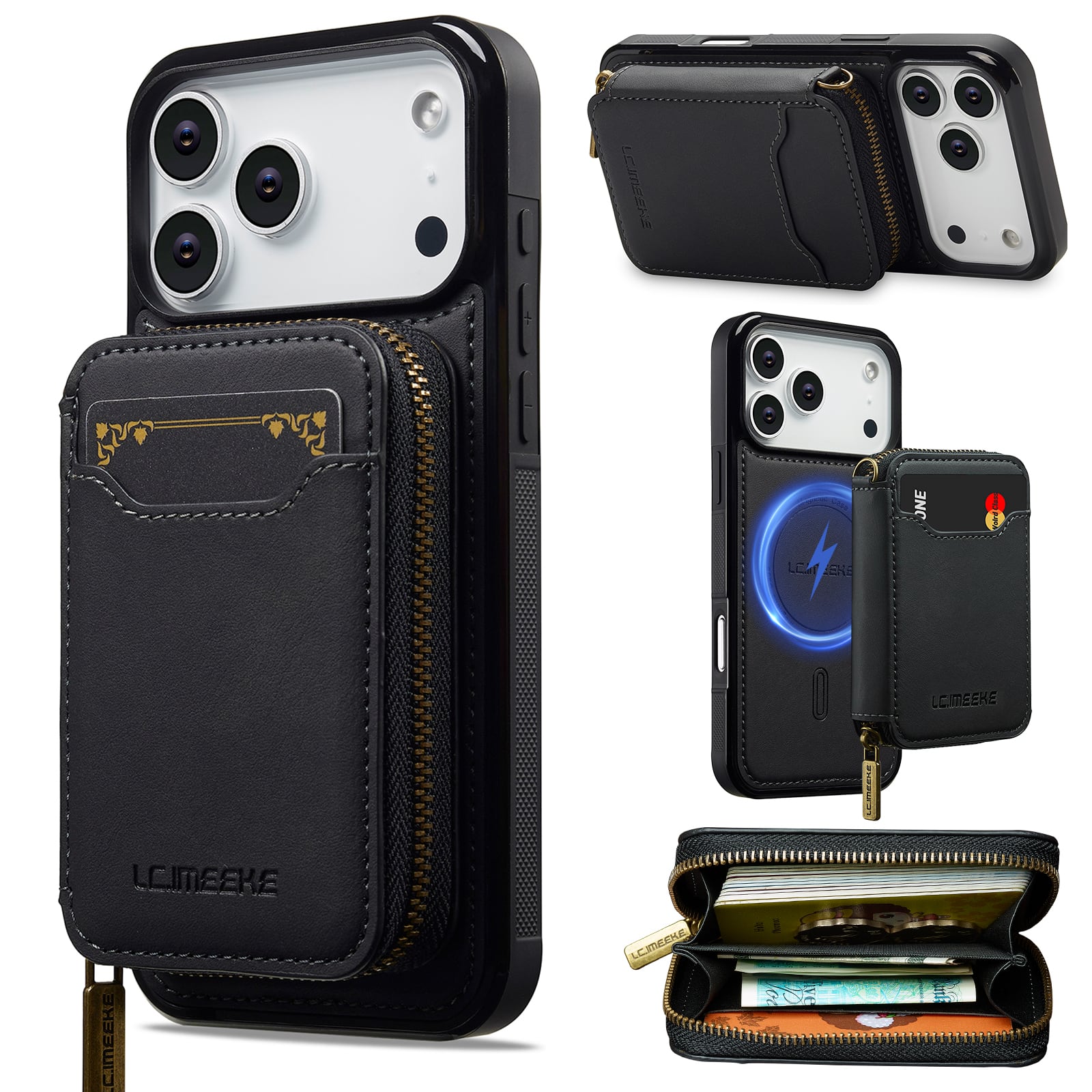 Dteck - 2-in-1 Magnetic Detachable Zipper Wallet Case for Apple iPhone 17 Pro Max, RFID Blocking PU Leather Phone Cover - Black