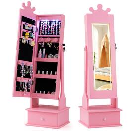 Gymax - Kids Jewelry Armoire w/3-Color Lighted Full Length Mirror & Inside Led Lights - Pink