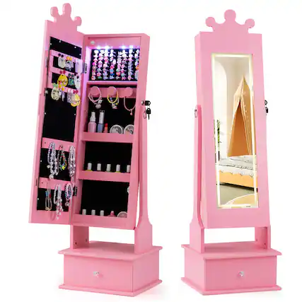 Front. Gymax - Gymax Kids Jewelry Armoire w/3-Color Lighted Full Length Mirror & Inside Led Lights Pink - Pink.
