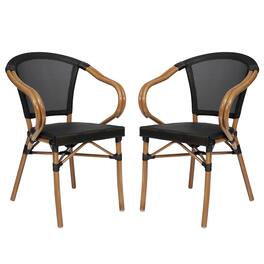 Emma + Oliver - 2 Pack Stacking Bistro Chair with Bamboo Print Metal Frame - Black/Natural Frame