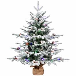 RYHNUYNE - 3FT Pre-Lit Flocked Artificial Pine Tree With 100 Dual-Color LED Lights and 26 Pine Cones, 528 Tips and Burlap Base - Green,White
