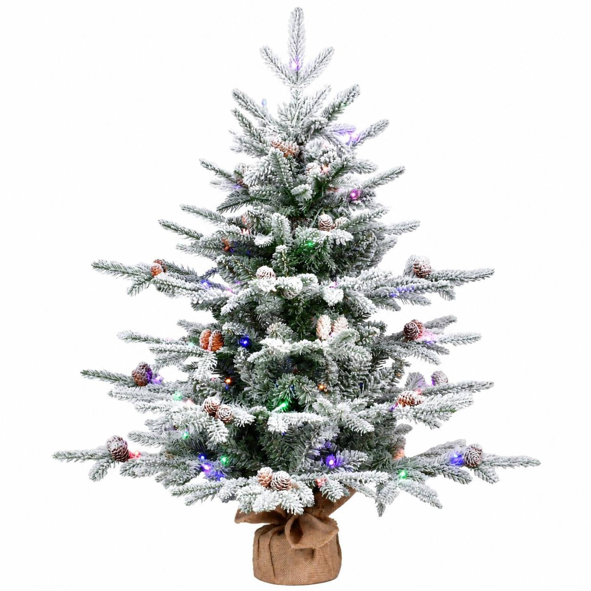 Front. RYHNUYNE - 3FT Pre-Lit Flocked Artificial Pine Tree With 100 Dual-Color LED Lights and 26 Pine Cones, 528 Tips and Burlap Base - Green,White.