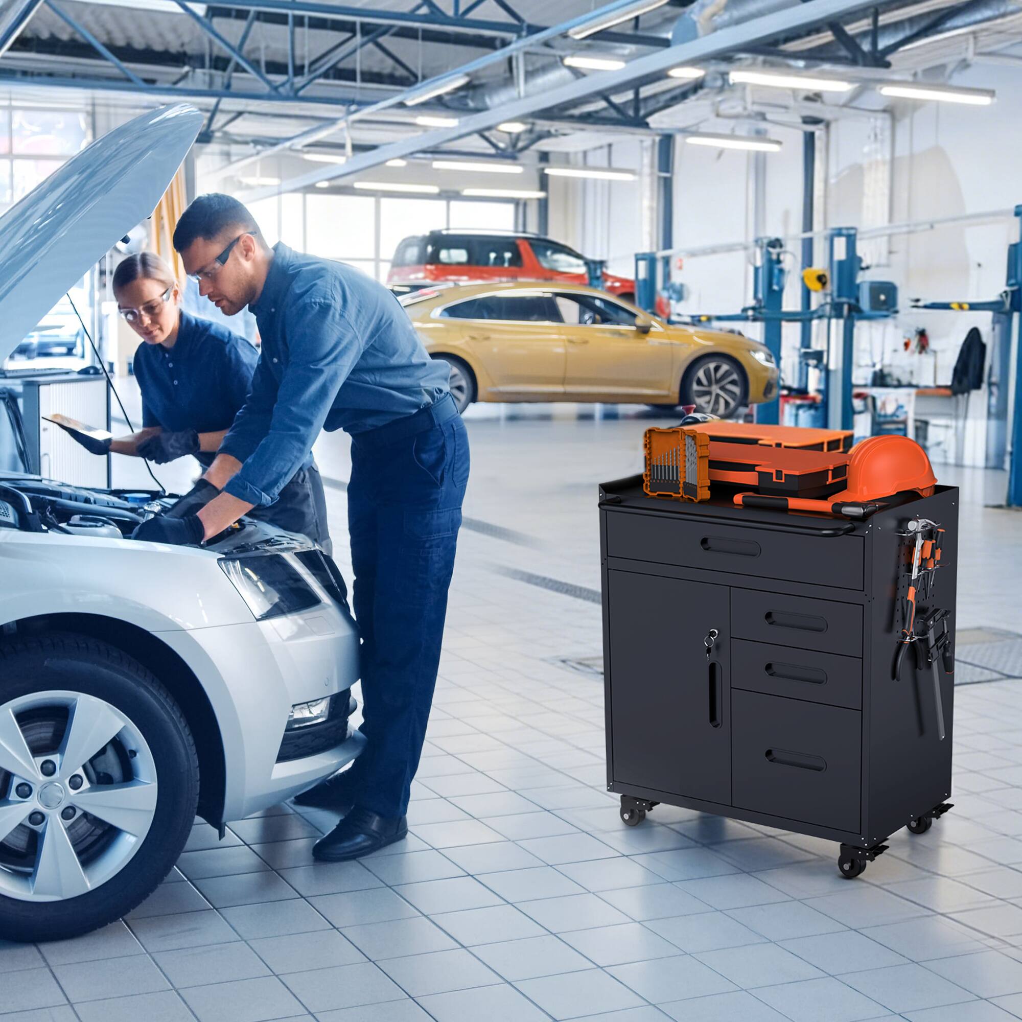 Left. Anysun - Anysun Lockable Mobile Garage Storage Cabinet with Perforated Side Panels and Drawers - Black.