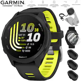 Garmin - Forerunner 170 Music GPS Smartwatch 43 mm Fiber-Reinforced polymer + Charging Dock & Protection Bundle - Black/Amp Yellow - (2026)