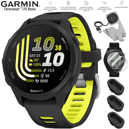 GARMIN Forerunner 170 Music
- 1.2-inch colorful AMOLED touchscreen display
- Up to 10 days of battery life in smartwatch mode
- Advanced training metrics and recovery insights
- Garmin Coach personalized training plans
- Music on your wrist
- Start/Stop
- Sat 01
- 100%
- 13.5
- 88
- 8000