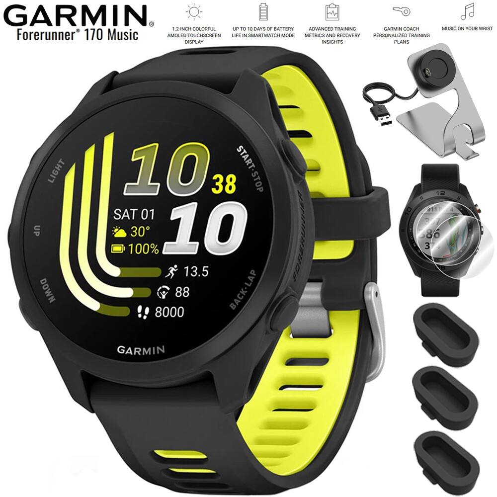 GARMIN Forerunner 170 Music

- 1.2-inch colorful AMOLED touchscreen display
- Up to 10 days of battery life in smartwatch mode
- Advanced training metrics and recovery insights
- Garmin Coach personalized training plans
- Music on your wrist
- Start/Stop
- Sat 01
- 100%
- 13.5
- 88
- 8000