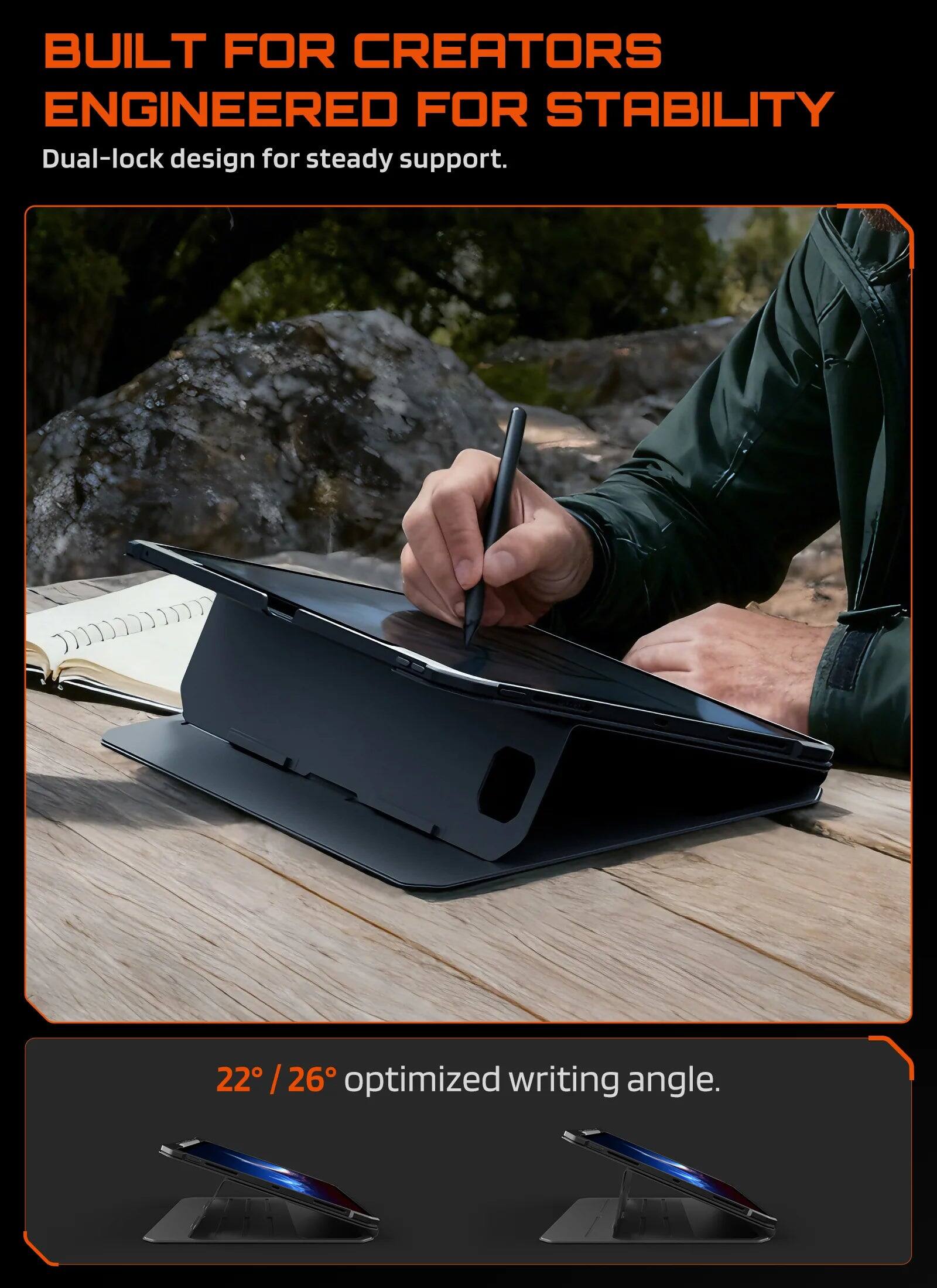 BUILT FOR CREATORS  
ENGINEERED FOR STABILITY  

Dual-lock design for steady support.  

22° / 26° optimized writing angle.