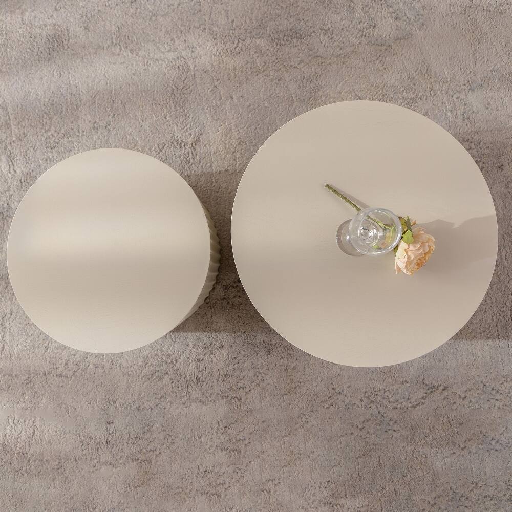 Alt View 1. Loheer - Loheer Beige Nesting Coffee Table Set of 2 Modern Drum Side Table Wave Stripe Round End Table for Living Room - Beige.
