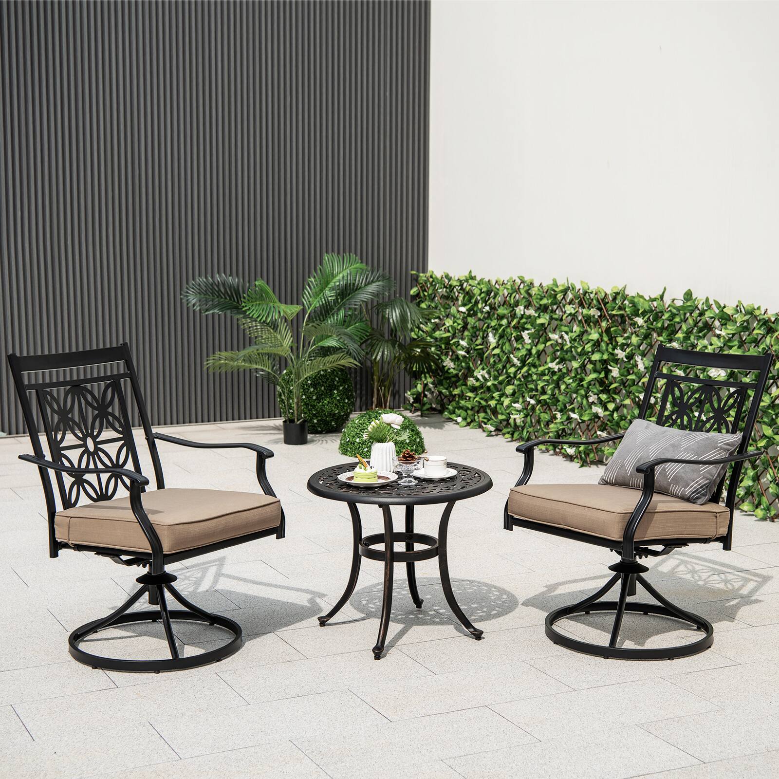 Alt View 8. Gymax - Gymax Patio Metal Swivel Chairs Set of 2 Fabric Bistro Rocker Chairs w/ Curved Armrests - Black, khaki.
