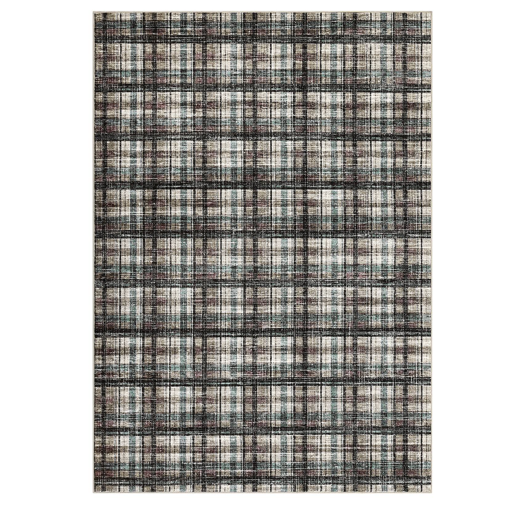 Front. GAOMON - Contemporary Plaid Area Rug Machine Wash Vacuum Clean Ultra Thin Stain Resistant Carpet for Bathroom Hallway Entrance - Blue Green Brown.