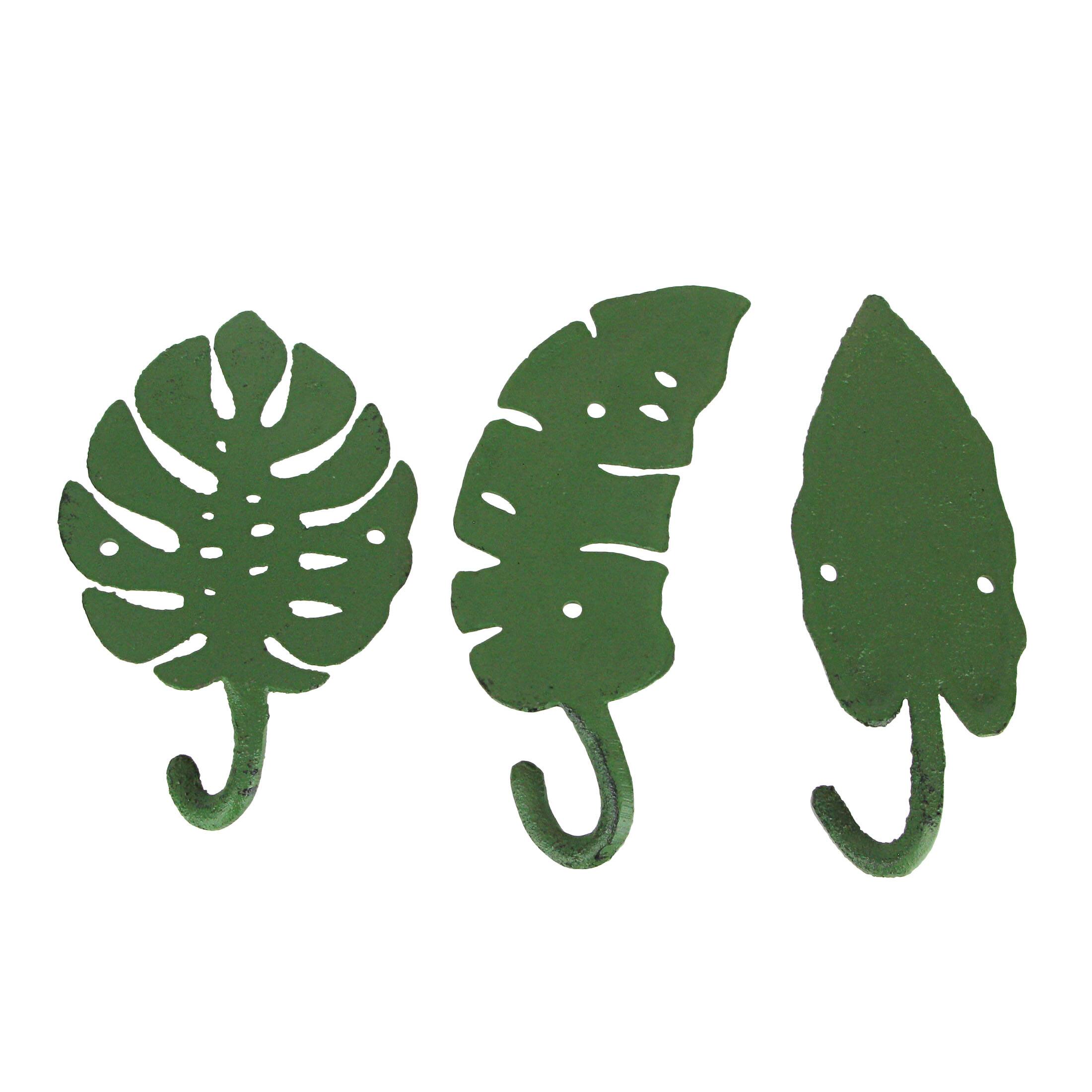 Alt View 2. Zeckos - Set of 3 Cast Iron Green Tropical Leaf Decorative Wall Hooks Towel Hanger Rack - Green.