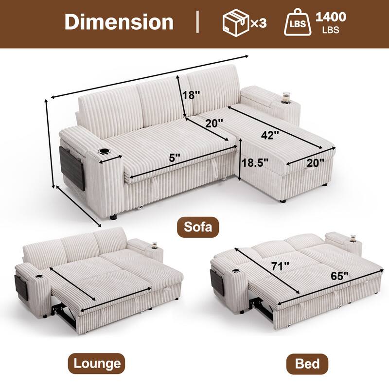 Dimension  
1400 LBS  
x3  
Sofa: 18" x 20" x 42" x 18.5" x 5"  
Lounge: 71" x 65"  
Bed: 71" x 65"