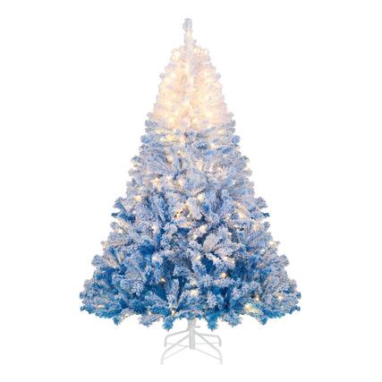 Front. WELLFOR - 6ft Pre‑Decorated Pre‑Lit Artificial Christmas Tree, Gradient Snow‑Flocked Hinged Xmas Tree with 820 Branch Tips - White & Blue.