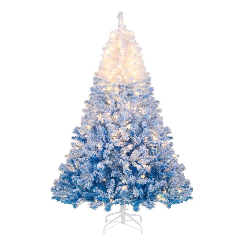 Front. WELLFOR - 6ft Pre‑Decorated Pre‑Lit Artificial Christmas Tree, Gradient Snow‑Flocked Hinged Xmas Tree with 820 Branch Tips - White & Blue.