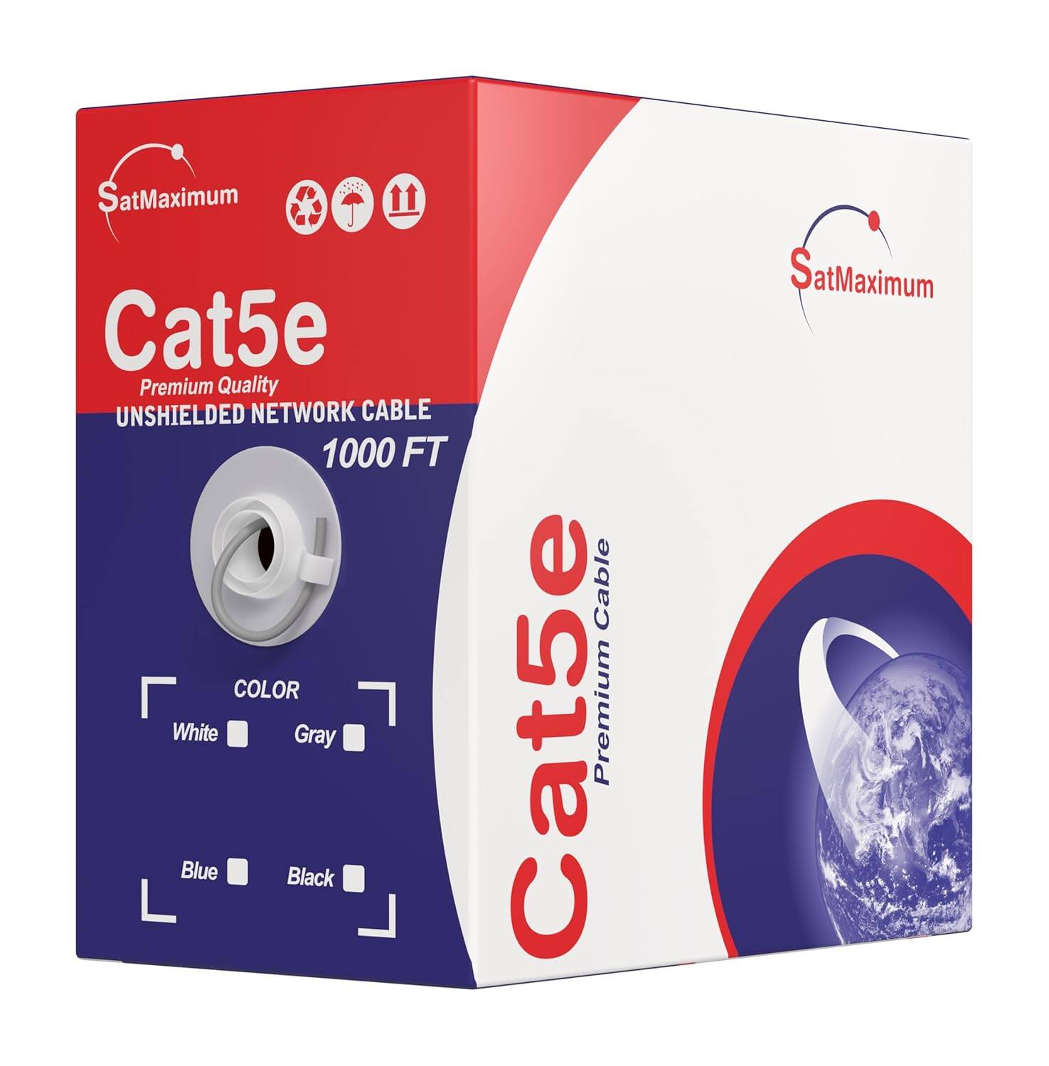 SatMaximum Cat5e Premium Quality UNSHIELDED NETWORK CABLE 1000 FT COLOR White Gray Blue Black Cable Cat5e Premium SatMaximum