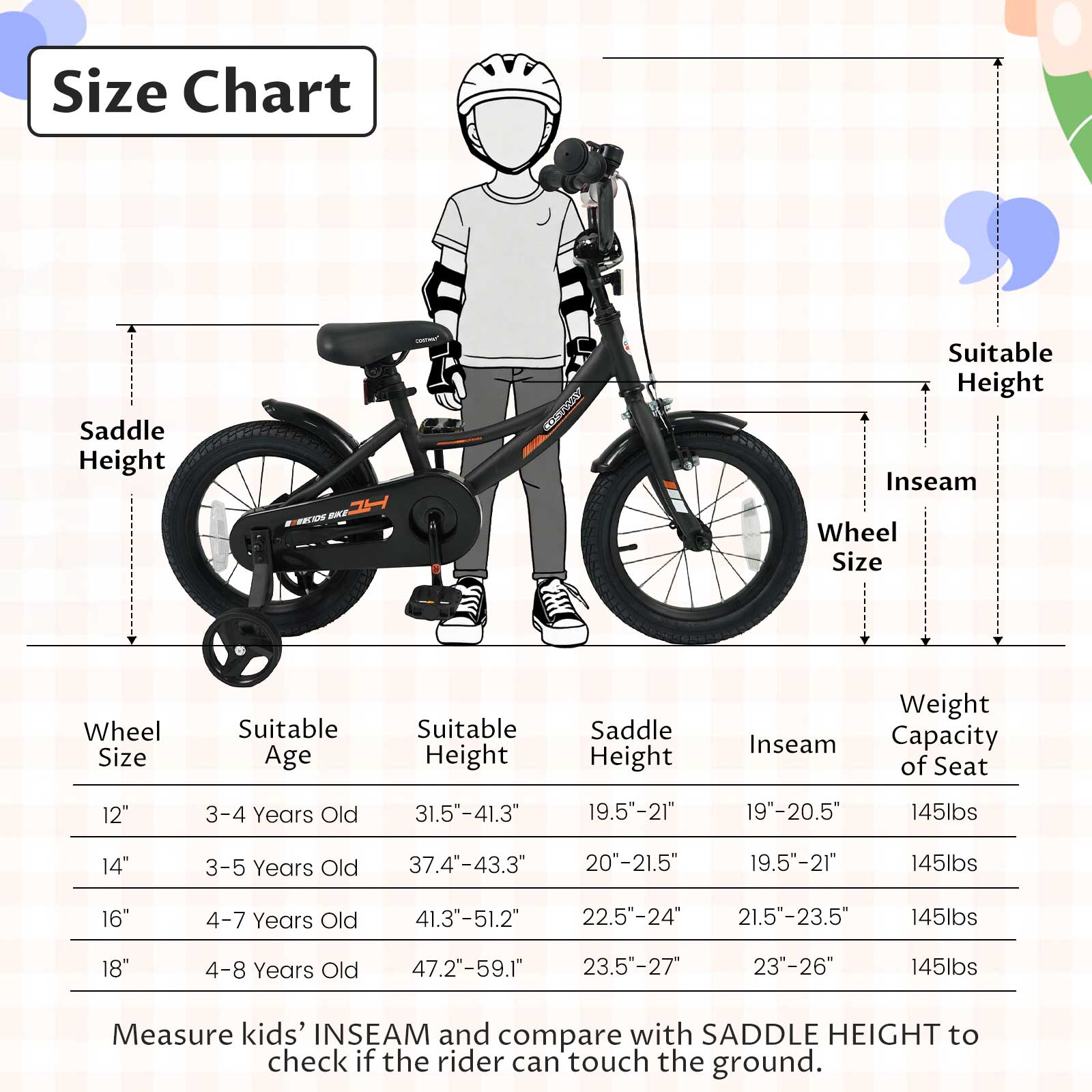 Size Chart

Saddle Height

COMAY

Suitable Height Inseam

Wheel Size

Suitable Age

Suitable Height

Saddle Height

Weight Inseam Capacity of Seat

12"
3-4 Years Old
31.5"-41.3"
19.5"-21"
19"-20.5"
145lbs

14"
3-5 Years Old
37.4"-43.3"
20"-21.5"
19.5"-21"
145lbs

16"
4-7 Years Old
41.3"-51.2"
22.5"-24"
21.5"-23.5"
145lbs

18"
4-8 Years Old
47.2"-59.1"
23.5"-27"
23"-26"
145lbs

Measure kids' INSEAM and compare with SADDLE HEIGHT to check if the rider can touch the ground.