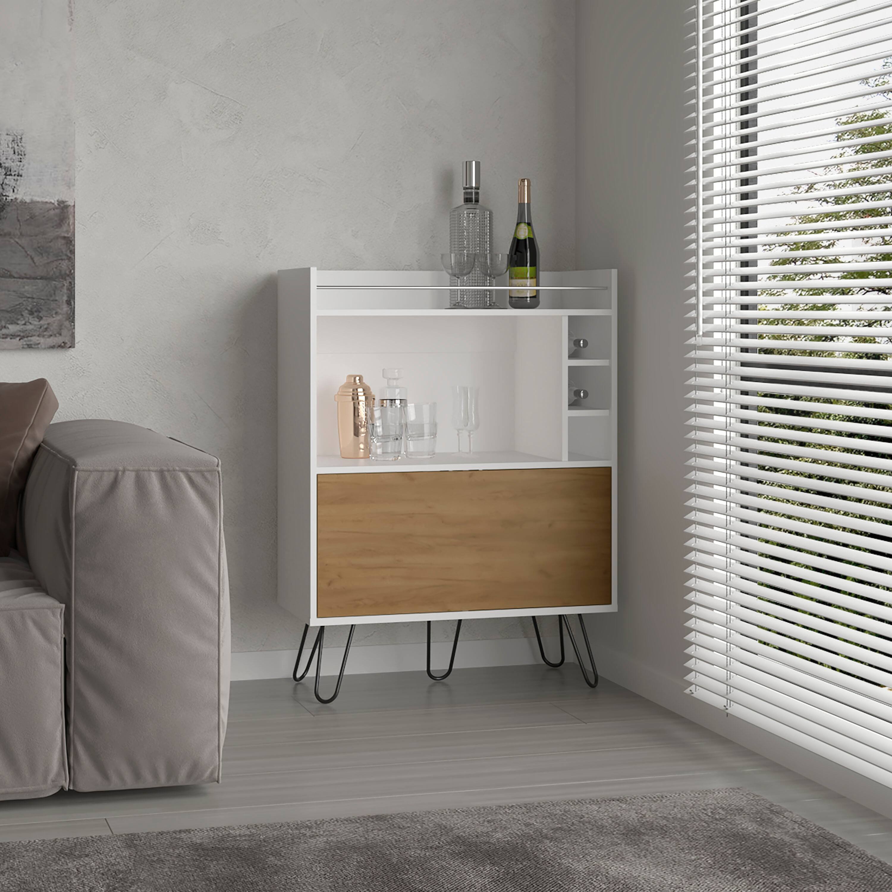 Angle. TuHome - Tori Tall One-Door Bar Cabinet with Three Cubbies, Three Shelves, Top Prep Surface with Rail For Living Room - White - Natural Oak.