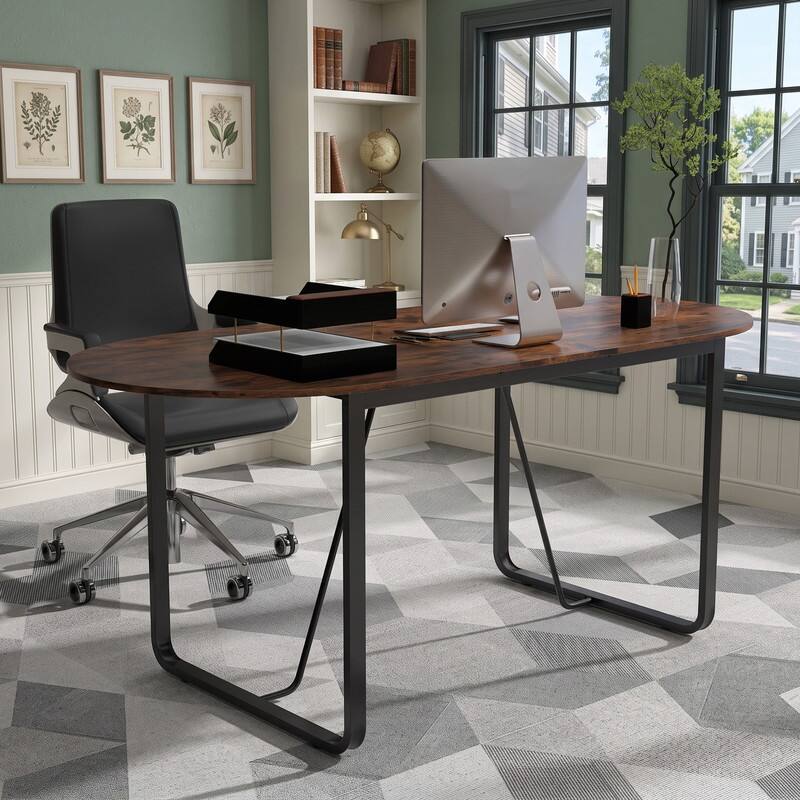 Alt View 2. WELLFOR - 71" Oval Conference Table for 6-8 People, Industrial Executive Table with Cable Holes - Rustic Brown.