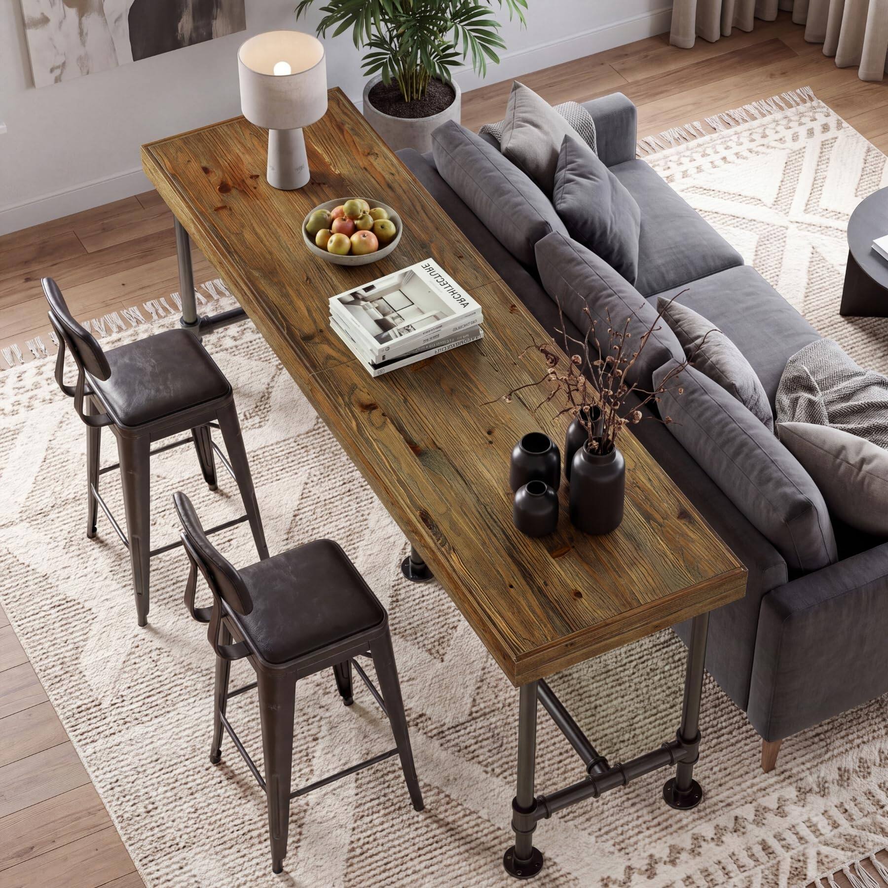 Back. Tribesigns - 70.9" Solid Wood Bar Table, Long Counter Height Pub Table - Brown.
