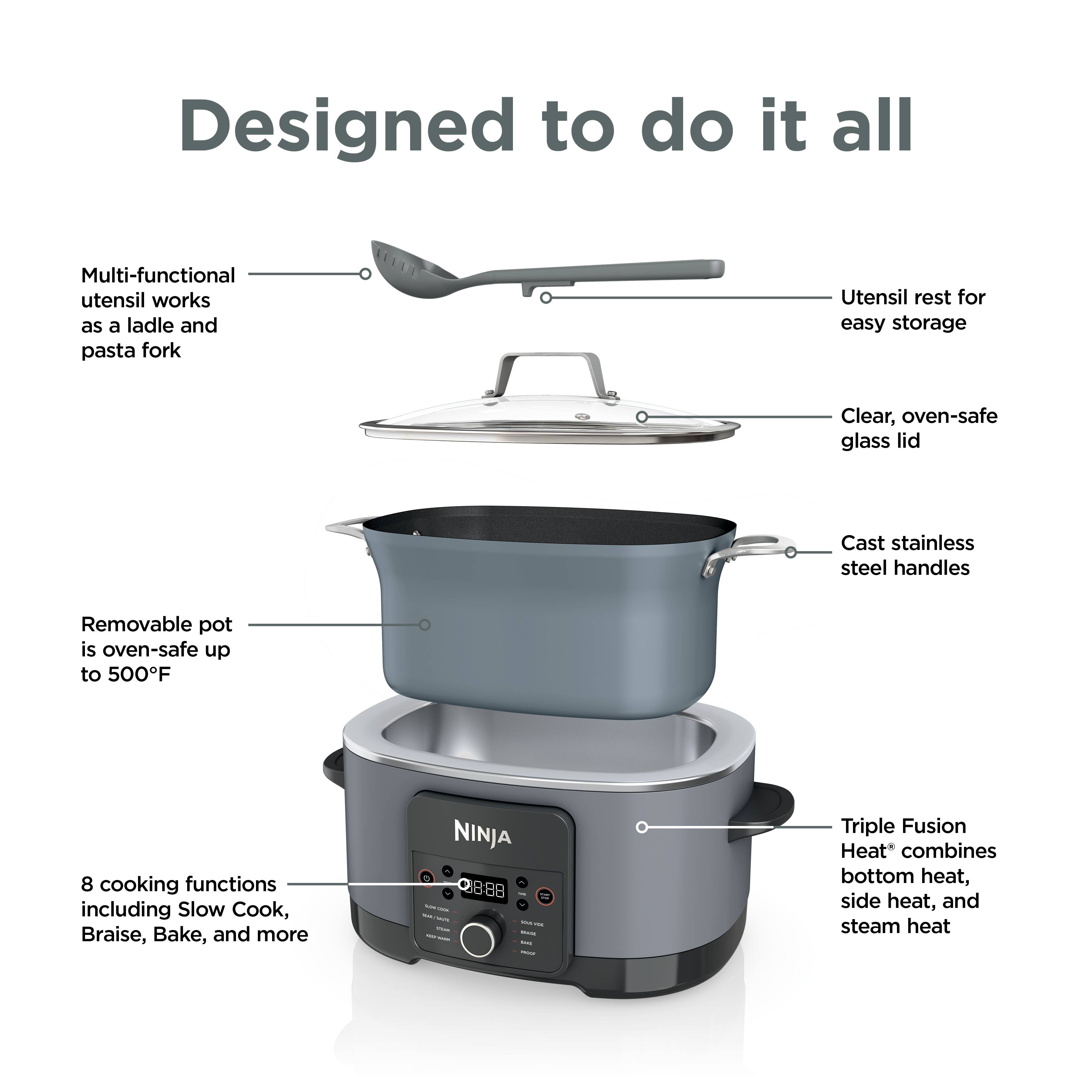 Designed to do it all

Multi-functional utensil works as a ladle and pasta fork

Utensil rest for easy storage

Clear, oven-safe glass lid

Cast stainless steel handles

Removable pot is oven-safe up to 500°F

8 cooking functions including Slow Cook, Braise, Bake, and more

NINJA 1 - DO: www.DATE SM m - DUCE or - - ways

Triple Fusion Heat combines bottom heat, side heat, and steam heat