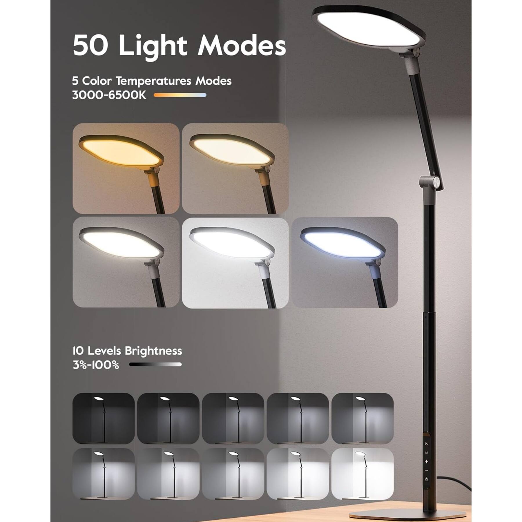 50 Light Modes  
5 Color Temperatures Modes 3000-6500K  
10 Levels Brightness 3%-100%