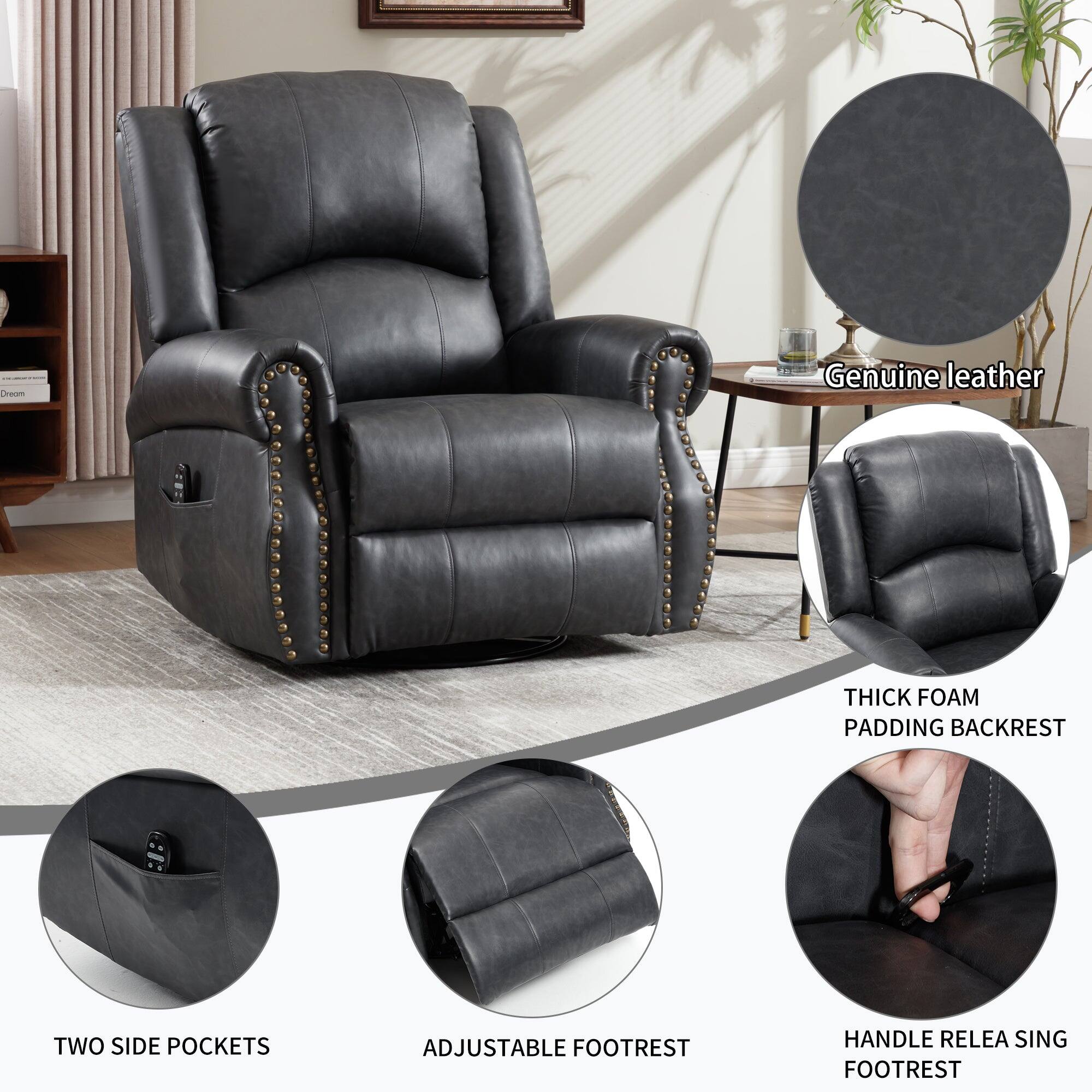 - Genuine leather
- Thick foam padding backrest
- Two side pockets
- Adjustable footrest
- Handle release footrest