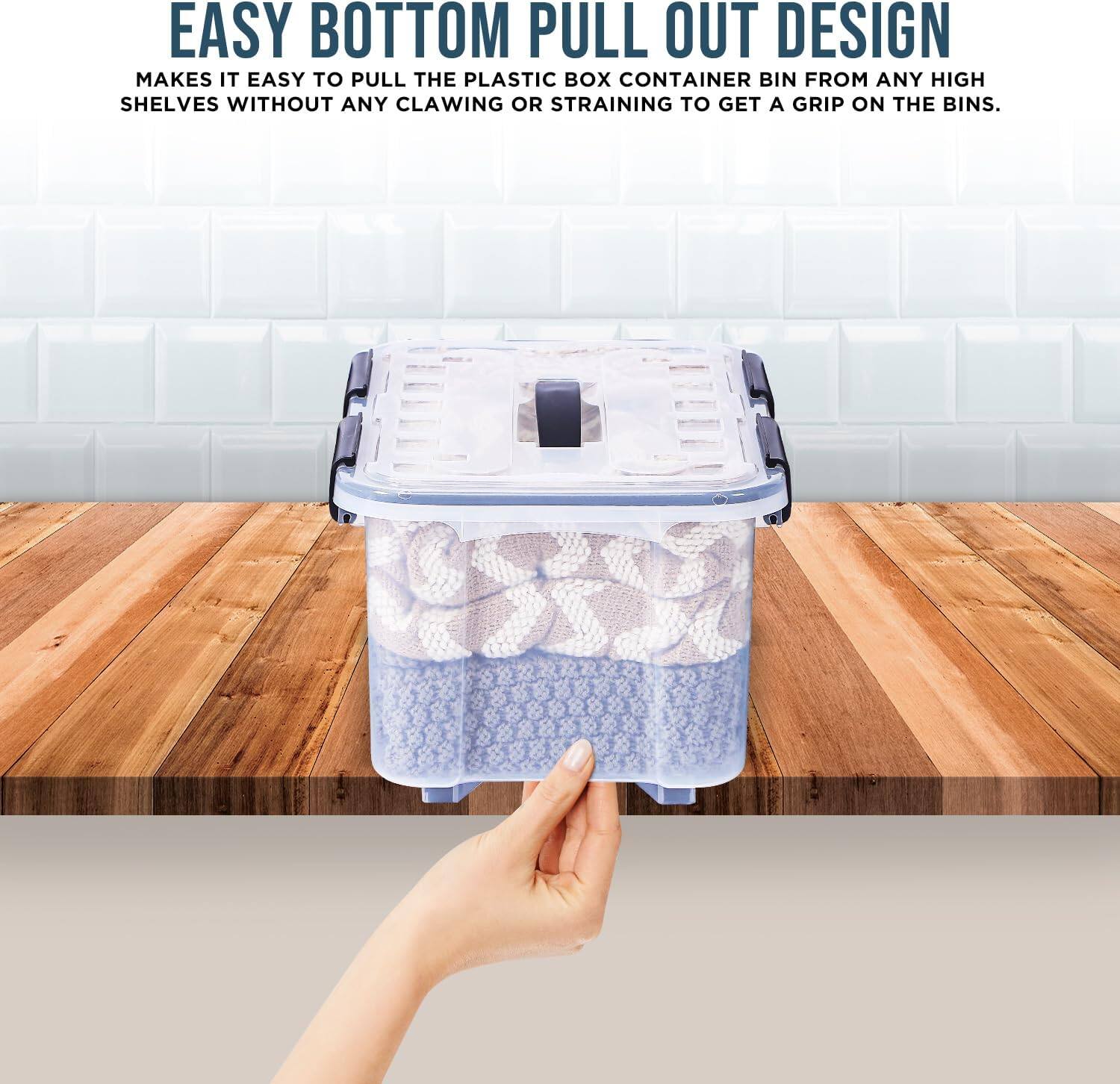 EASY BOTTOM PULL OUT DESIGN
MAKES IT EASY TO PULL THE PLASTIC BOX CONTAINER BIN FROM ANY HIGH SHELVES WITHOUT ANY CLAWING OR STRAINING TO GET A GRIP ON THE BINS.