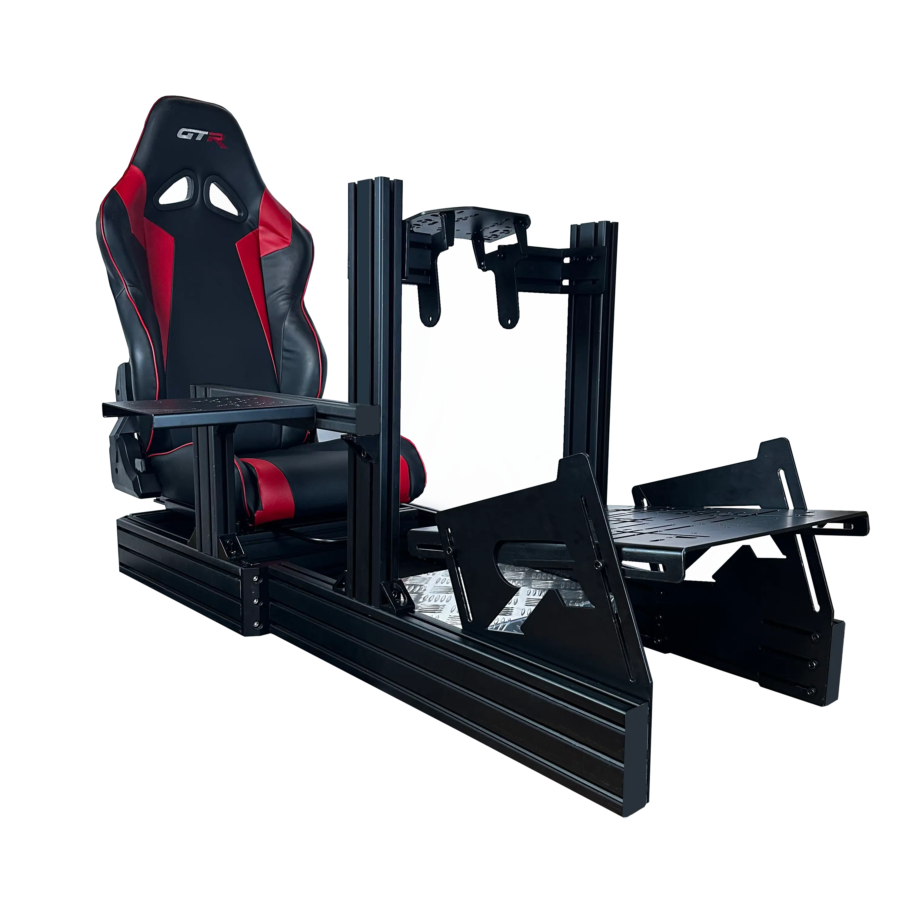 Angle. GTR Simulator - Revolution S105 Aluminum Racing Cockpit with Adjustable Leatherette Racing Seat, Bottom Steering Mount, Pedal Mount - Black/Red.