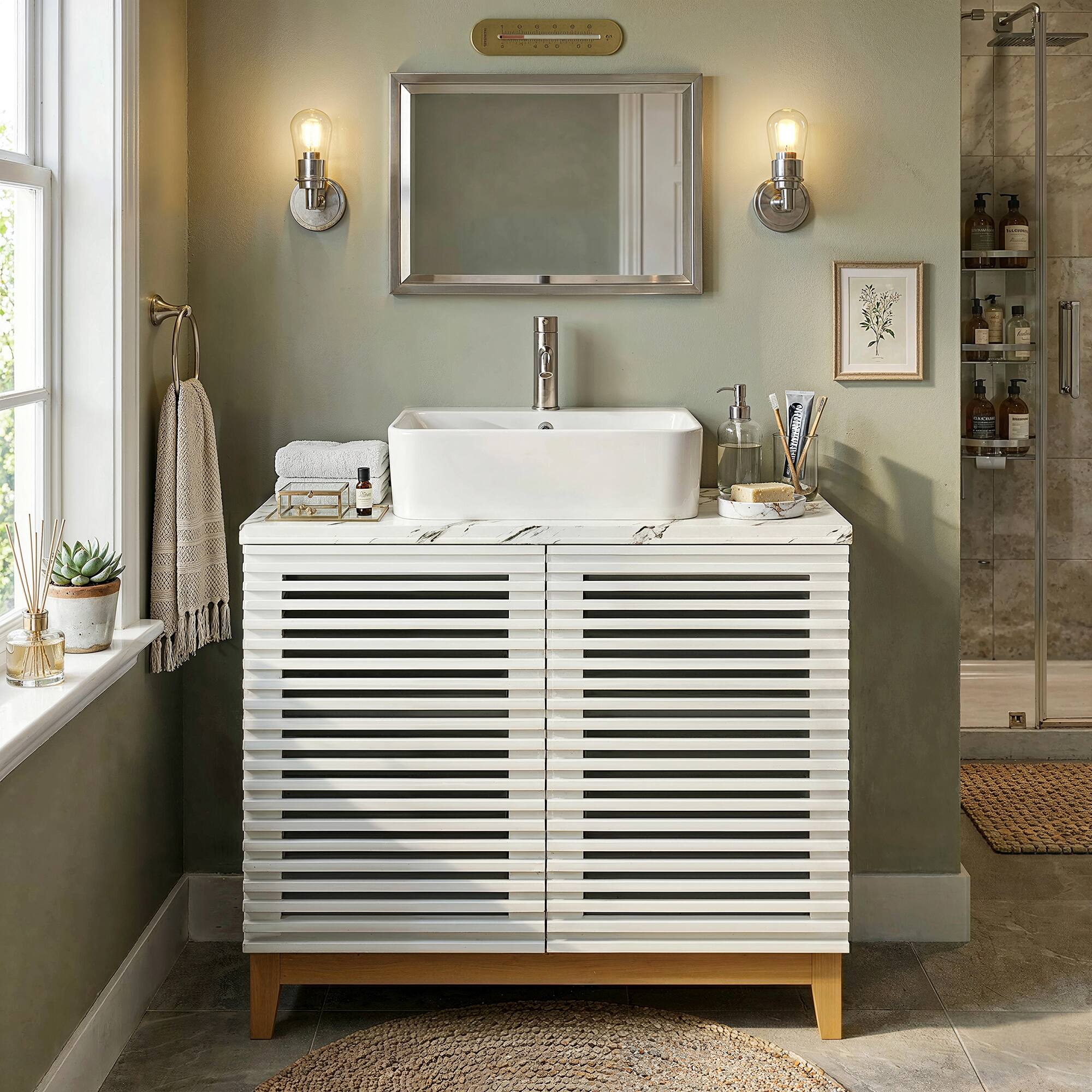 Alt View 6. FUFU & GAGA - Bathroom Vanity with Square Ceramic Vessel Sink – 22.2" Louvre Door Cabinet, Solid Wood Legs for Modern Farmhouse - White.