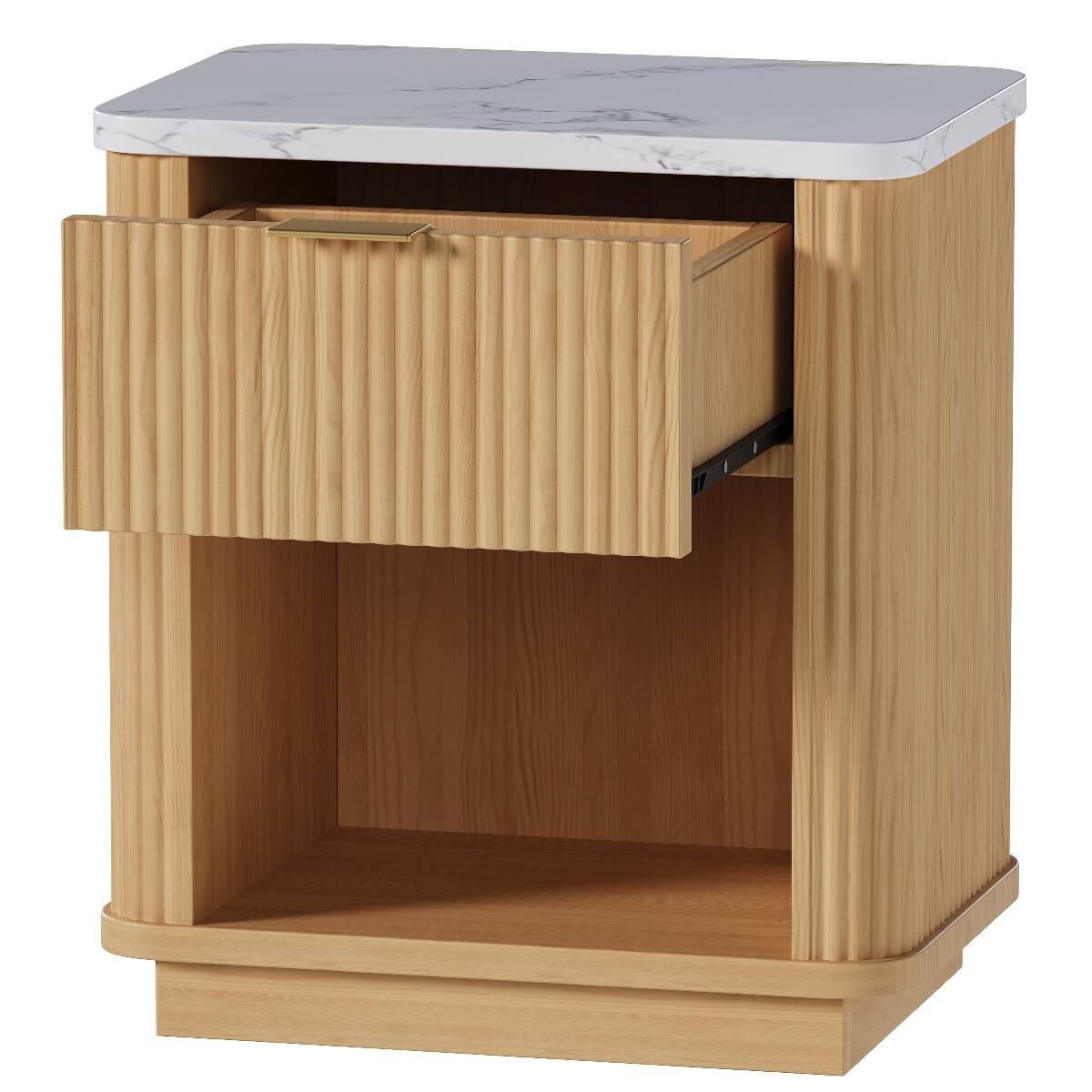 Alt View 8. Loheer - Loheer Fluted Nightstand with Drawer and Open Shelf, Natural Wood Look Bedroom Bedside Table - Natural.