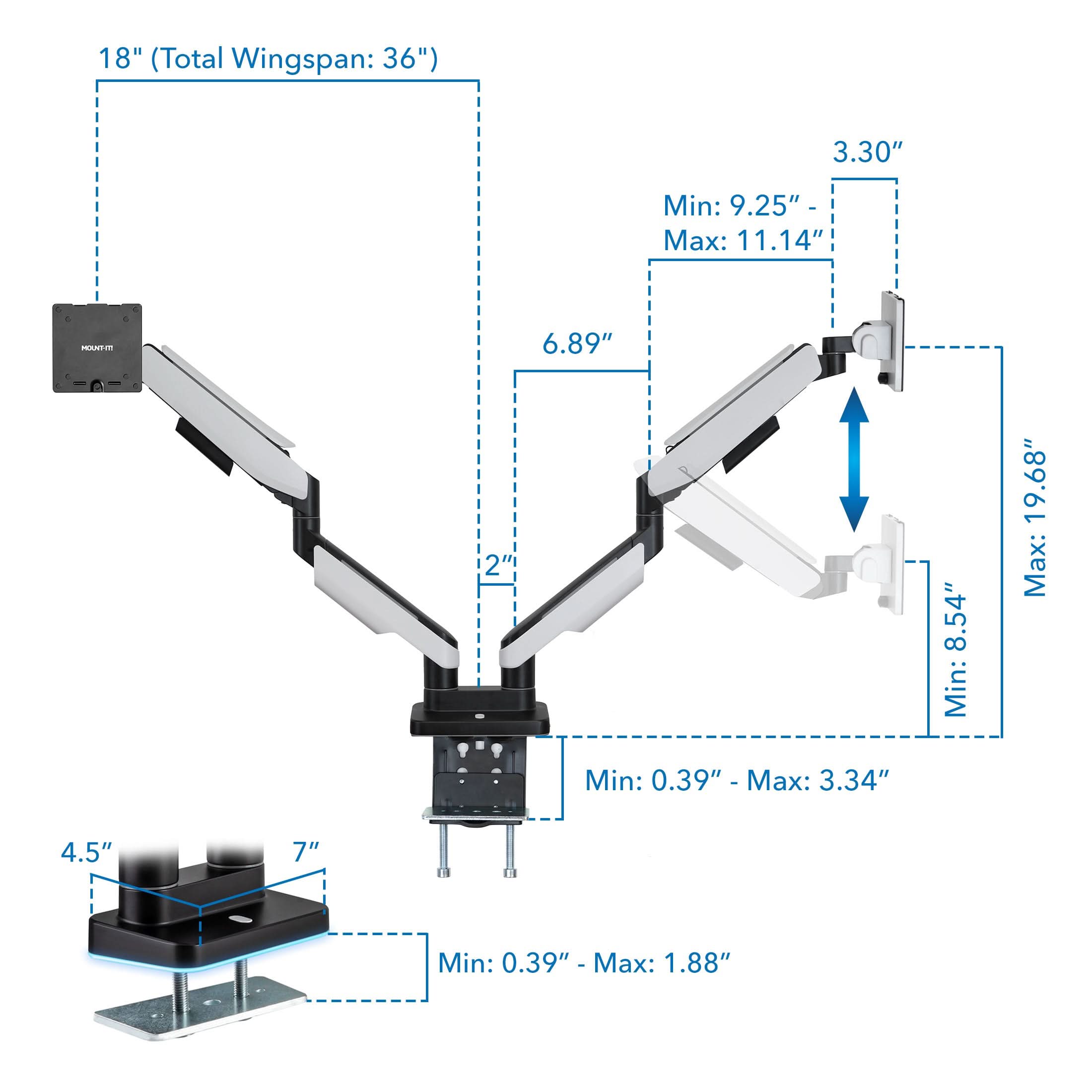 18" (Total Wingspan: 36")  
3.30"  
Min: 9.25" - Max: 11.14"  
6.89"  
2"  
8.54"  
Min: 19.68"  
Min: 0.39" - Max: 3.34"  
4.5"  
7"  
Min: 0.39" - Max: 1.88"