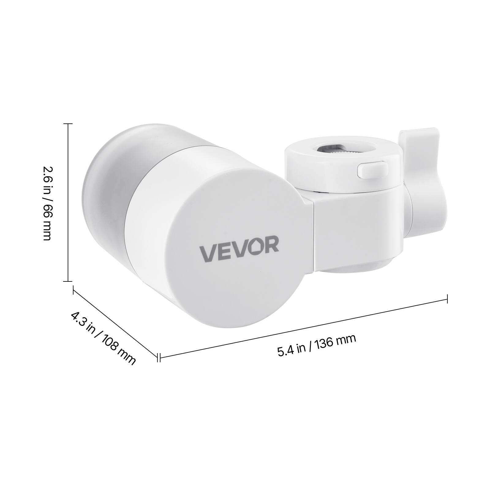The dimensions of the VEVOR device are as follows:

- Diameter: 2.6 inches (66 mm)
- Width: 4.3 inches (108 mm)
- Length: 5.4 inches (136 mm)