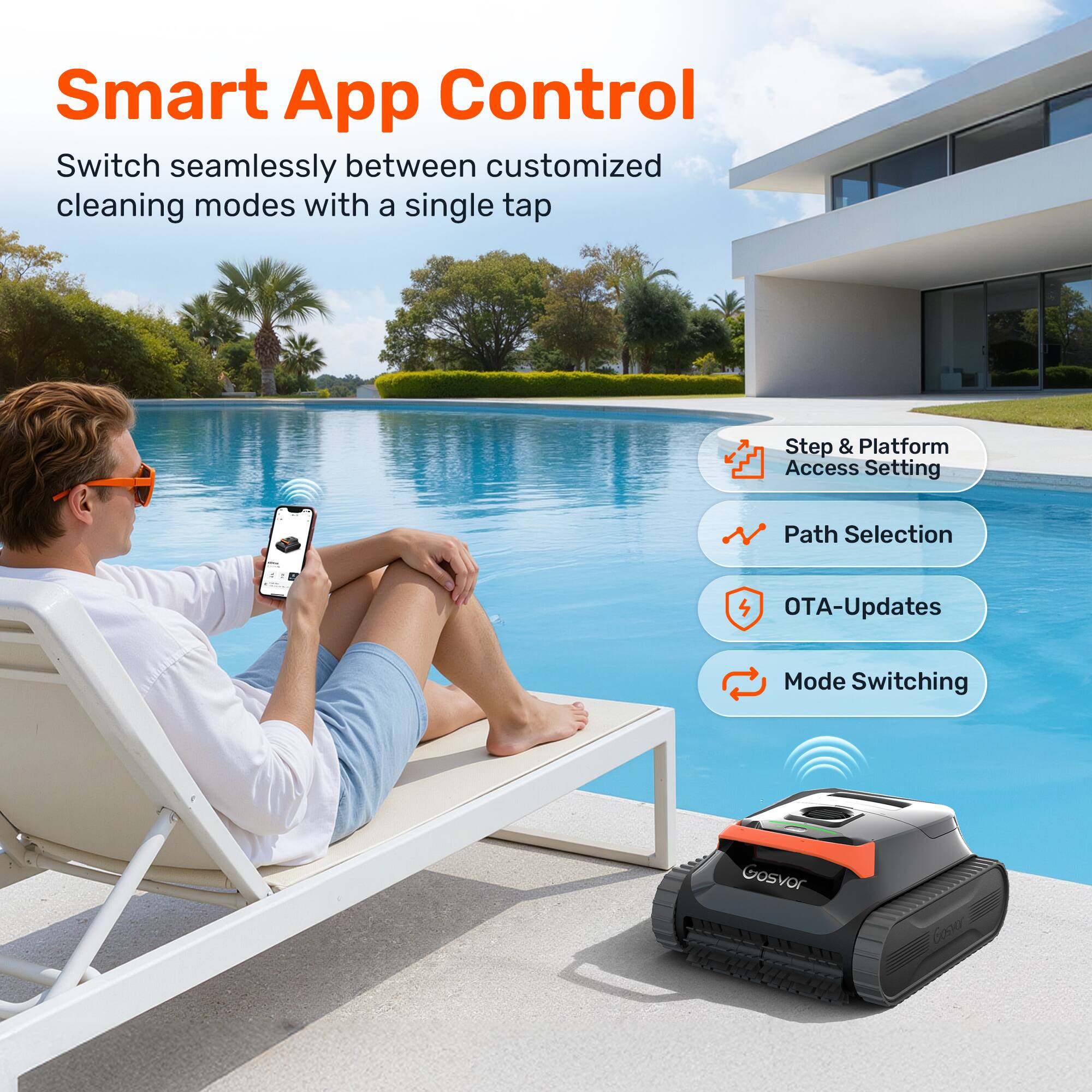 Smart App Control  
Switch seamlessly between customized cleaning modes with a single tap  

Step & Platform Access Setting  
Path Selection  
OTA-Updates  
Mode Switching  

Gosvor  
201800