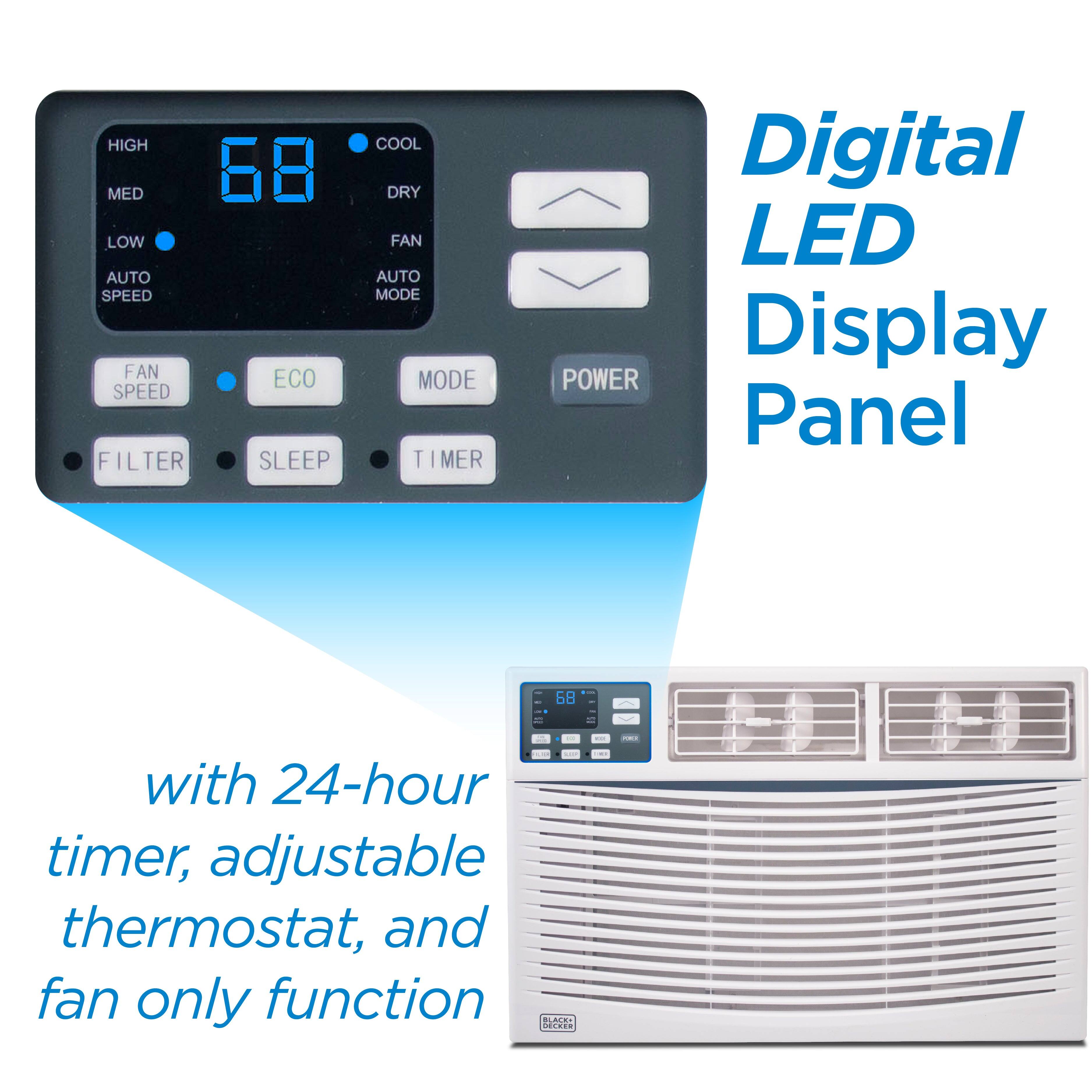 HIGH MED 68 LOW AUTO SPEED FAN ECO SPEED FILTER SLEEP COOL DRY FAN AUTO MODE TIMER Digital LED Display POWER Panel 68 with 24-hour timer, adjustable thermostat, and fan only function