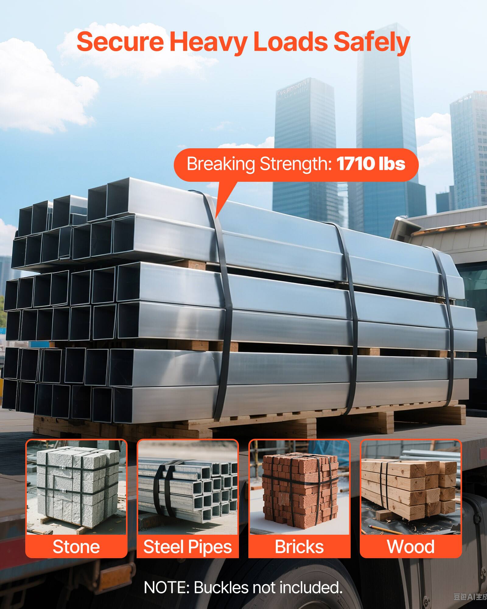 Secure Heavy Loads Safely

Breaking Strength: 1710 lbs

Stone  
Steel Pipes  
Bricks  
Wood  

NOTE: Buckles not included.