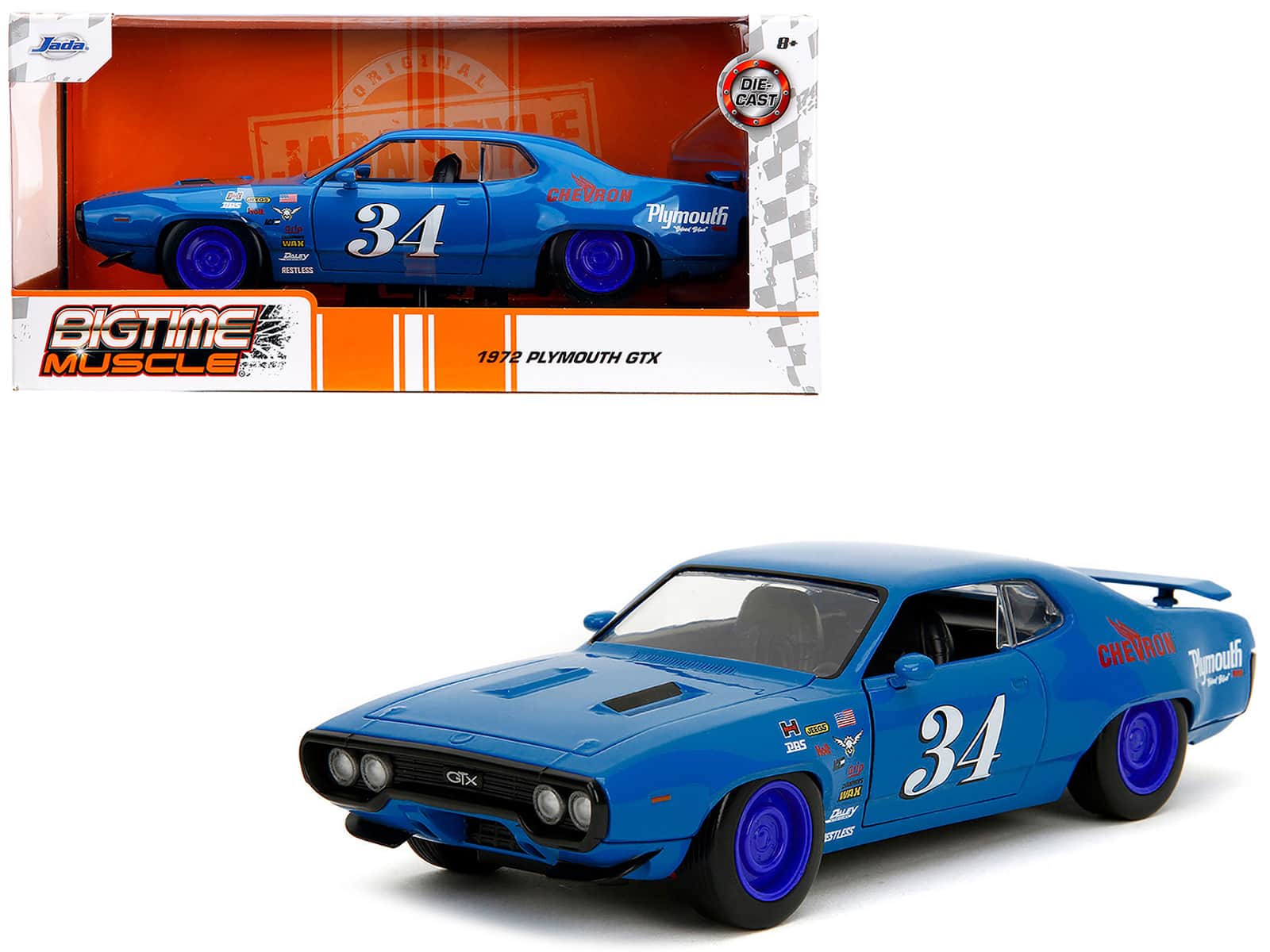 "1972 Plymouth GTX #34 Blue with Graphics ""Bigtime Muscle"" Series 1/24 Diecast Model Car by Jada" price history on PriceWatchPro