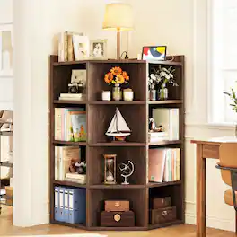 Aheaplus - 5-Tier Corner Cabinet with Power Outlets:12-Cube L-Shaped Storage Shelf with Top Table, Wooden Bookcase for Home/Office - Black Walnut