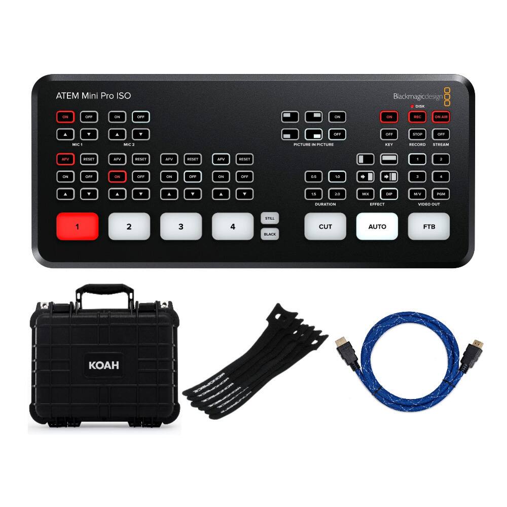 ATEM Mini Pro ISO  
Blackmagic Design  

- ON  
- OFF  
- MIC 1  
- MIC 2  
- AFV  
- RESET  
- PICTURE IN PICTURE  
- DISK  
- REC  
- ON AIR  
- STOP  
- STREAM  
- DURATION  
- EFFECT  
- VIDEO OUT  
- CUT  
- AUTO  
- FTB  

1  
2  
3  
4  

- 0.5  
- 1  
- 1.5  
- 2  
- MIX  
- DIP  
- MV  
- PGM  

- STILLS  
- BLACK  

- KOAH