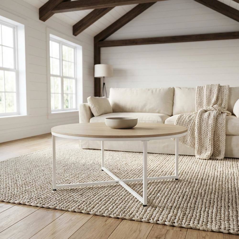 Back. FurniFact - White Round Coffee Table Solid Wood Construction with Powder Coating - White.