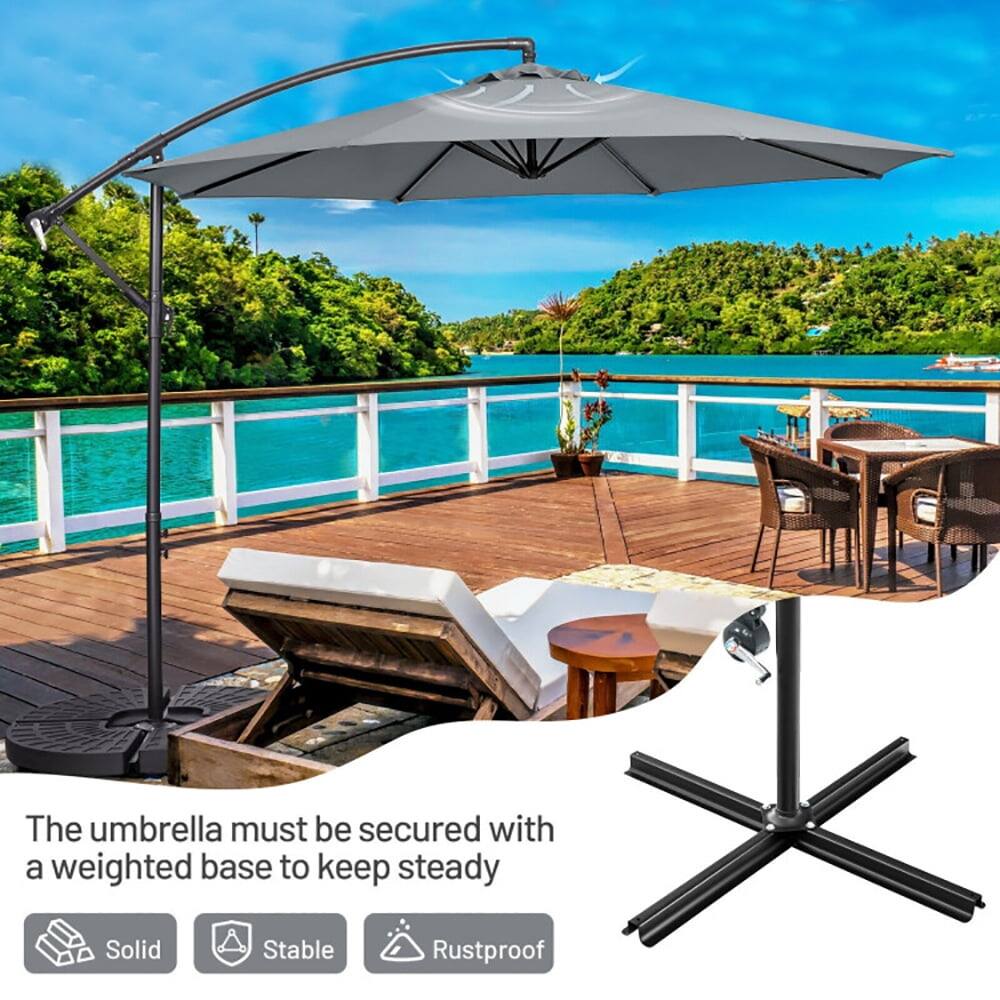 The umbrella must be secured with a weighted base to keep steady.

- Solid
- Stable
- Rustproof