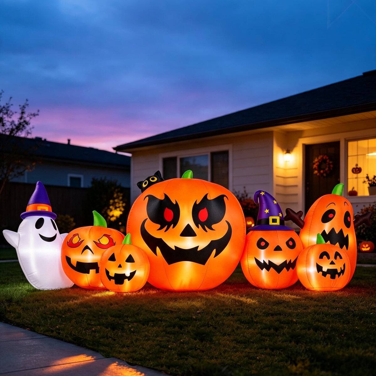 Angle. Wisairt - 7.9ft Inflatable Pumpkin Ghost with LED Lights - Outdoor Halloween Yard Decoration - Green|White|Red.