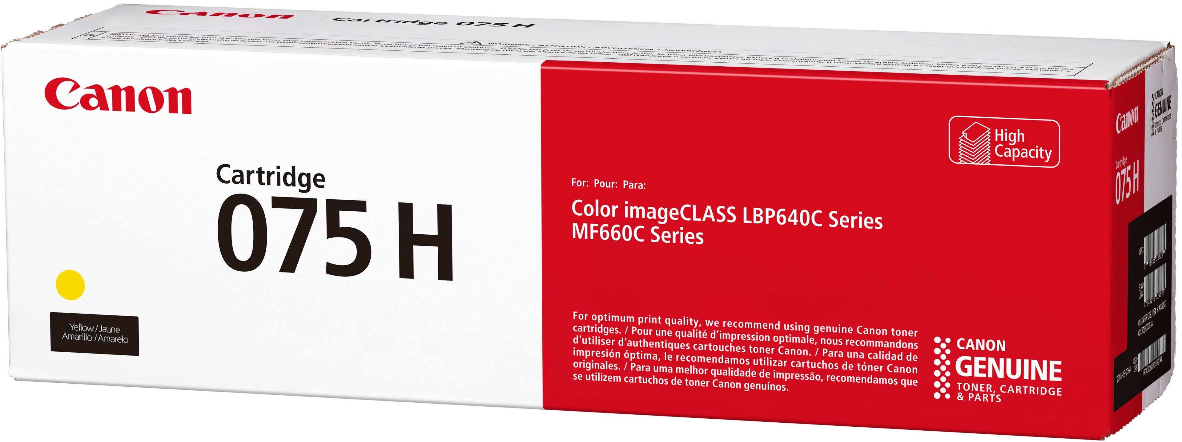 Canon  
Cartridge 075 H  
Yellow / Jaune / Amarillo / Amarelo  

For: Pour: Para:  
Color imageCLASS LBP640C Series  
MF660C Series  

For optimum print quality, we recommend using genuine Canon toner cartridges.  
Pour une qualité d'impression optimale, nous recommandons d'utiliser des cartouches toner Canon authentiques.  
Para una calidad de impresión óptima, recomendamos utilizar cartuchos de toner Canon genuinos.  

High Capacity  

CANON  
GENUINE  
TONER, CARTRIDGE & PARTS  

40C Series